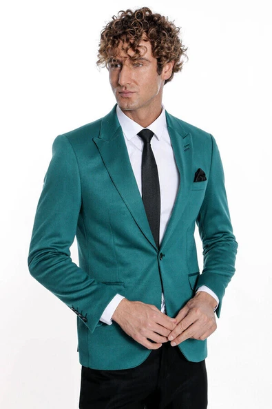 Pamuk Slim Fit Desensiz Yeşil Erkek Ceket - Wessi - Resim 5