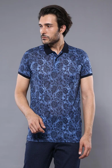 Çiçek Desenli Mavi Polo Yaka T-shirt | Wessi ürün görseli 1