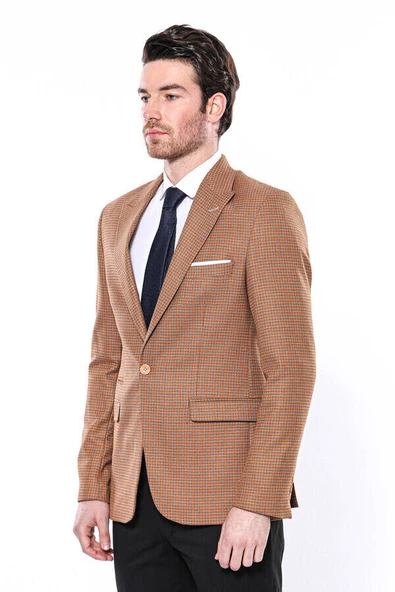 Kendinden Desenli Turuncu Slim Fit Ceket | Wessi - Wessi - Resim 5