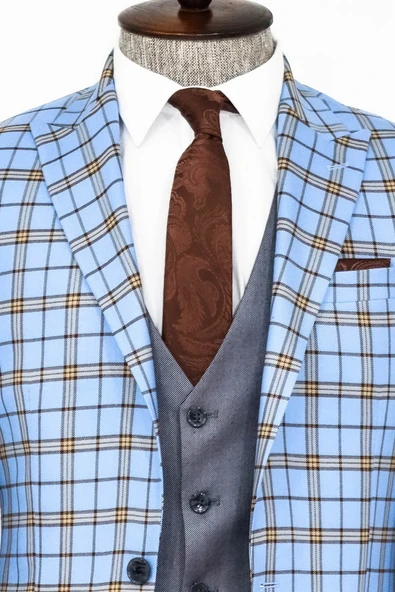 Gri Yelekli Slim Fit Ekose Açık Mavi Erkek Takım Elbise - Wessi - Resim 2