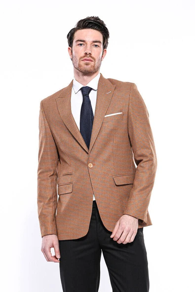 Kendinden Desenli Turuncu Slim Fit Ceket | Wessi - Wessi - Resim 7