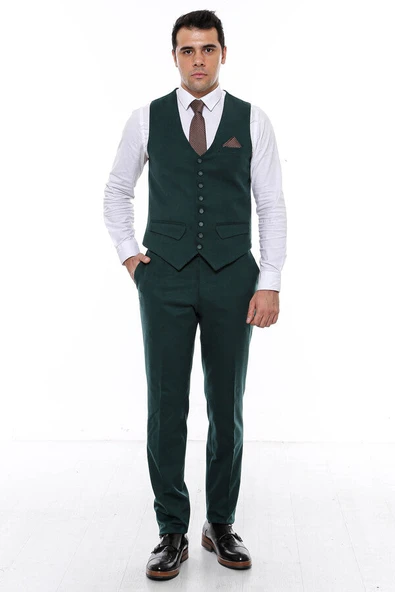 Yeşil Desensiz 8 Düğmeli Erkek Yelek - Wessi - Resim 3