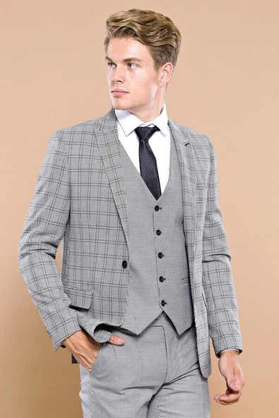 Ekose Gri Yelekli Slim Fit Takım Elbise | Wessi - Resim 3