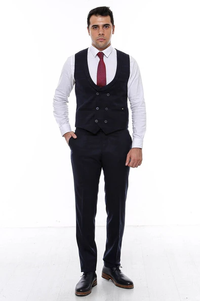 Kruvaze Kareli Desenli Yakalı Lacivert Erkek Yelek - Wessi - Resim 4