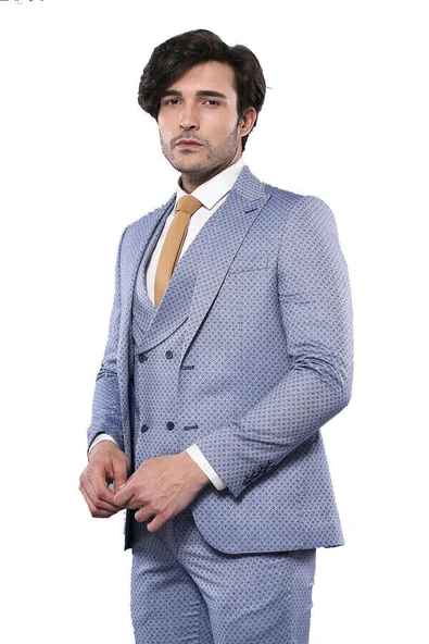 Kendinden Desenli Mavi Yelekli Takım Elbise | Wessi ürün görseli 1