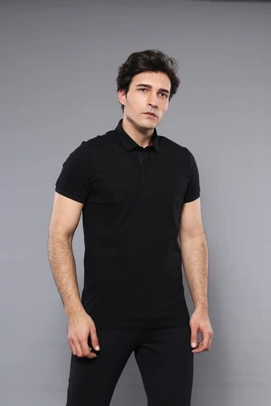 Polo Yaka Düz Siyah T-shirt | Wessi - Resim 4