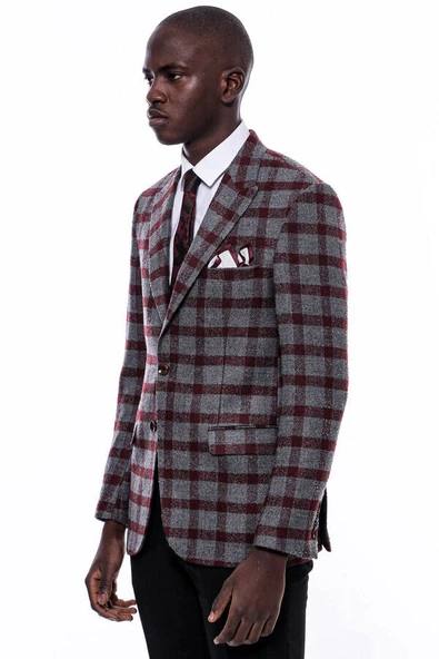 Ekose Sivri Yaka Slim Fit Bordo Erkek Ceket - Wessi - Resim 6