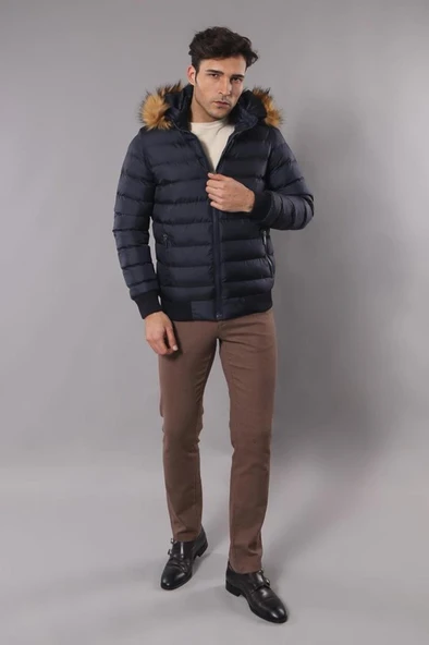 Lacivert Kapüşonlu Erkek Şişme Mont | Wessi - Resim 4