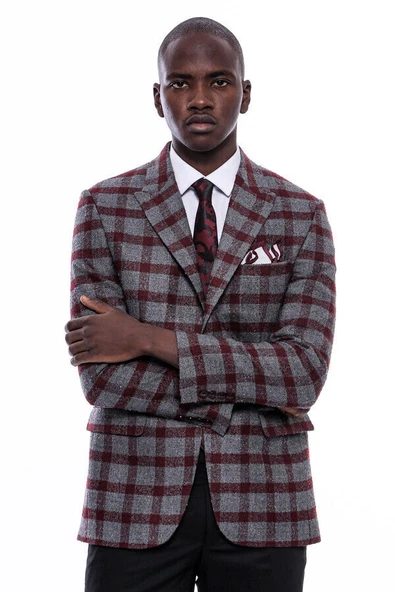 Ekose Sivri Yaka Slim Fit Bordo Erkek Ceket - Wessi ürün görseli 1