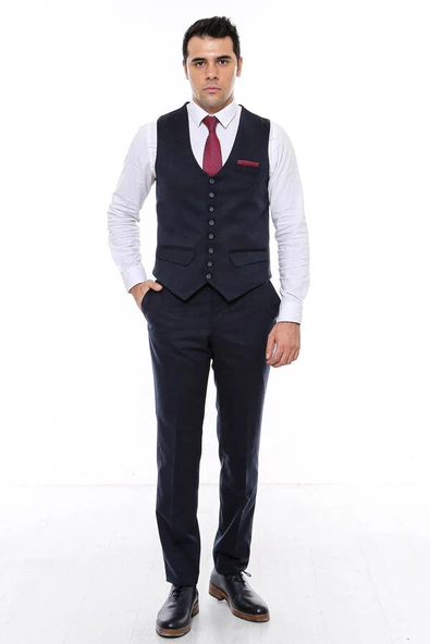 8 Düğmeli Desensiz Lacivert Yelek - Wessi - Resim 5