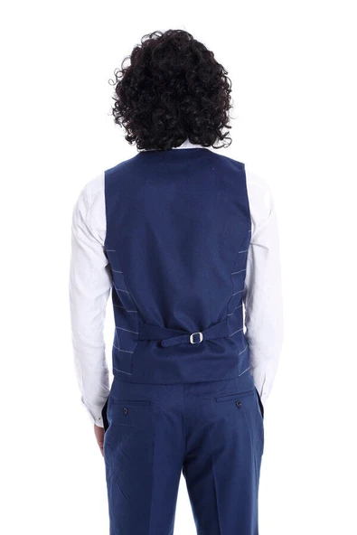 Ekose Yelek Düz Pantolon Lacivert Erkek Takım - Wessi - Resim 3