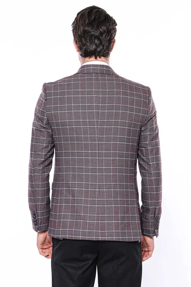 Ekose Slim Fit Bordo Erkek Ceket - Wessi - Resim 7