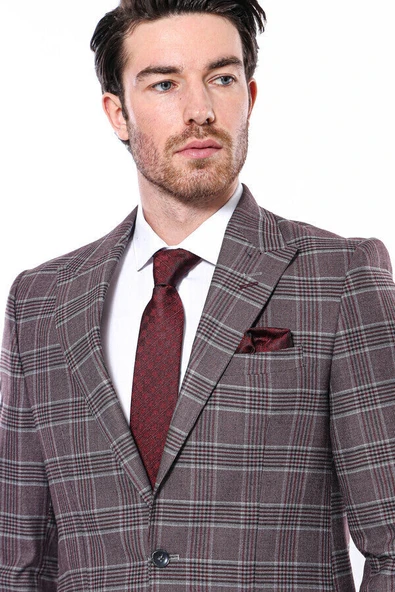 Ekose Slim Fit Bordo Erkek Ceket - Wessi - Resim 2