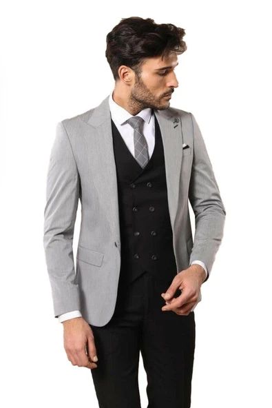 Siyah Kruvaze Yelekli Gri Erkek Takım Elbise - Wessi ürün görseli 1