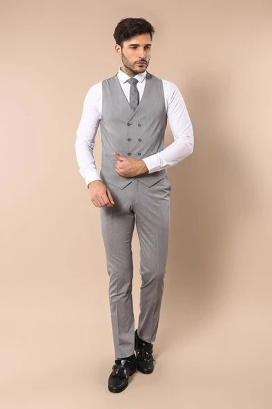 Çizgili Füme Ceket Gri Yelekli Takım Elbise - Wessi - Resim 5