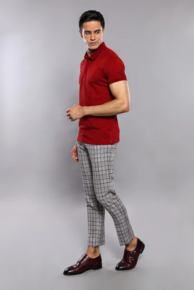 Polo Yaka Düz Bordo Erkek T-shirt - Wessi - Resim 5