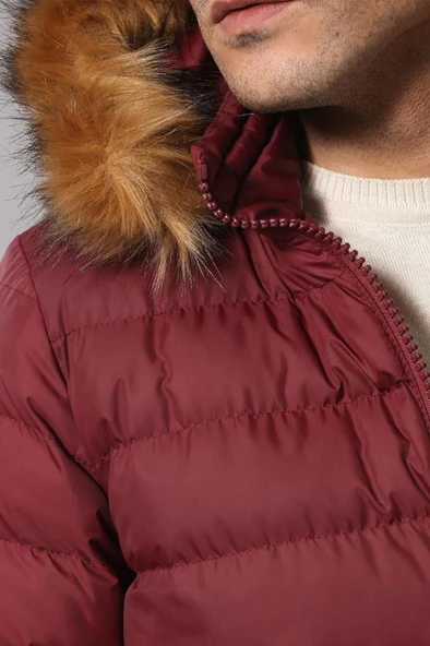 Kürklü Kapüşonü Bordo Erkek Şişme Mont - Wessi - Resim 5