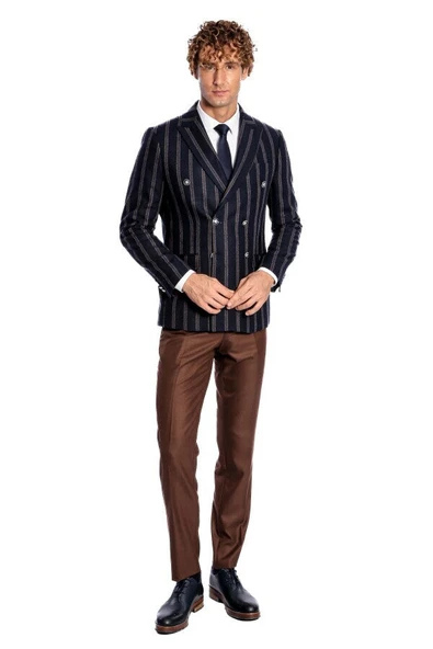 Geniş Yaka Çizgili Kruvaze Lacivert Yün Erkek Ceket - Wessi - Resim 3