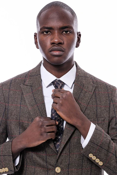 Ekose Sivri Yaka Slim Fit Kahverengi Ceket - Wessi - Resim 2