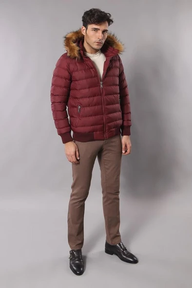 Kürklü Kapüşonü Bordo Erkek Şişme Mont - Wessi - Resim 3
