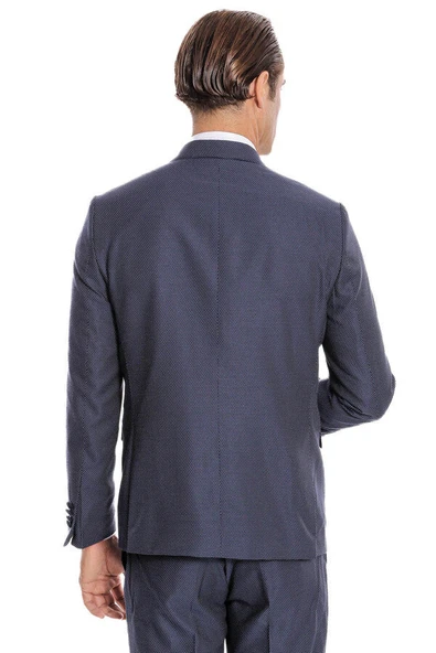 Çıkma Yakalı Yelekli Nokta Desenli Kruvaze Yelekli Lacivert Erkek Damatlık - Wessi - Resim 10