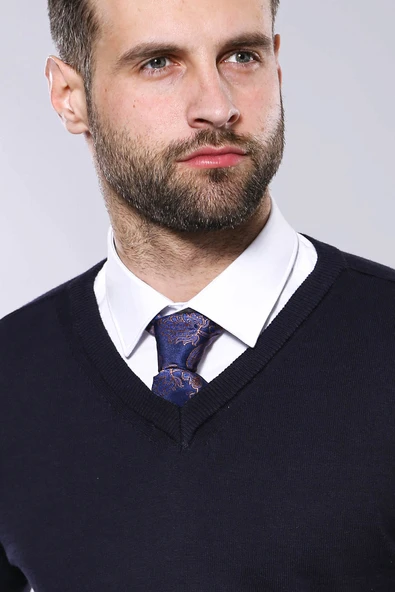 V Yaka Lacivert Erkek Triko | Wessi - Resim 2