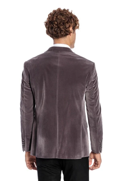 Geniş Sivri Yaka Tek Düğme Kadife Gri Erkek Ceket - Wessi - Resim 9
