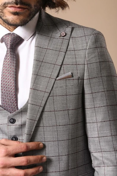 Ekose Siyah Ceket Gri Yelek Set - Wessi - Resim 2