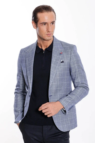 Tek Düğme Geniş Sivri Yaka Mavi Ceket - Wessi - Resim 6