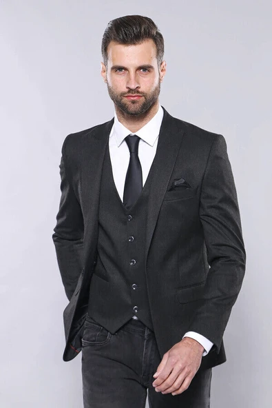 Düz Füme Slim Fit Ceket Yelek Set | Wessi - Resim 6