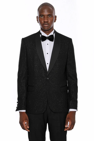 Siyah Şal Yaka Simli Erkek Smokin Ceket - Wessi - Resim 4