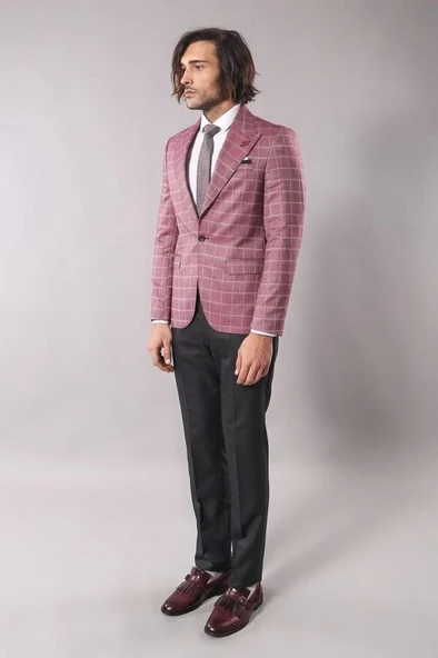 Tek Düğme Geniş Sivri Yaka Bordo Ceket - Wessi - Resim 4