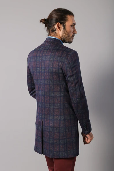 Ekose Desenli Bordo Erkek Kısa Palto - Wessi - Resim 4