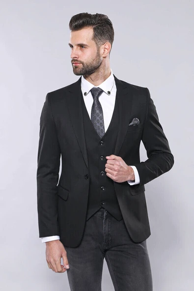 Düz Siyah Slim Fit Yelek Ceket Set - Wessi - Resim 7