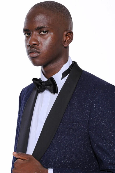 Şal Yaka Simli Lacivert Erkek Smokin Ceket - Wessi - Resim 2