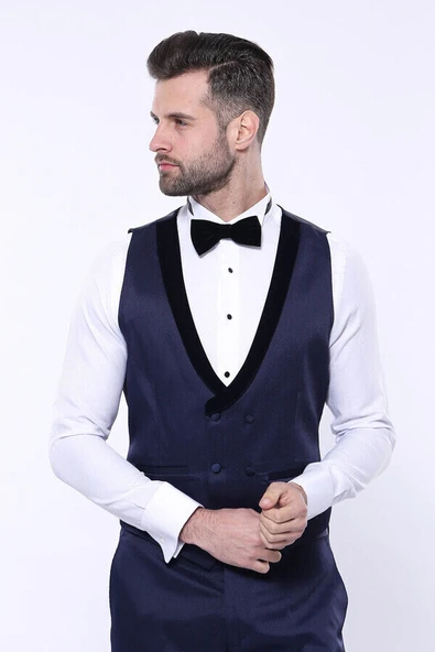 Desenli Velvet Yaka Lacivert Takım Elbise | Wessi - Resim 6