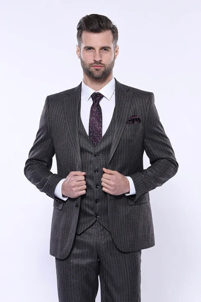 Çizgili Slim Fit Siyah Yelekli Takım Elbise - Wessi - Resim 4