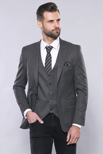 Düz Gri Slim Fit Yelek Ceket Set | Wessi - Resim 6
