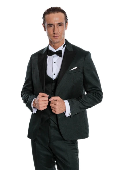 Çıkma Yaka Garnili Yeşil Erkek Damatlık - Wessi ürün görseli 1