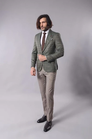 Tek Düğme Geniş Sivri Yaka Yeşil Ceket - Wessi - Resim 4