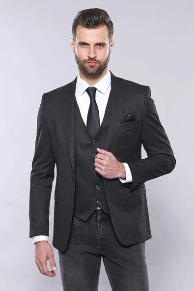 Düz Füme Slim Fit Ceket Yelek Set | Wessi - Resim 3