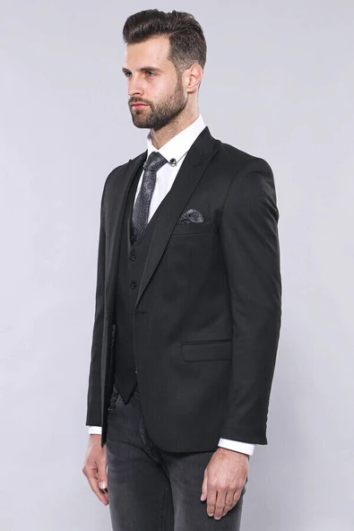 Düz Siyah Slim Fit Yelek Ceket Set - Wessi - Resim 5