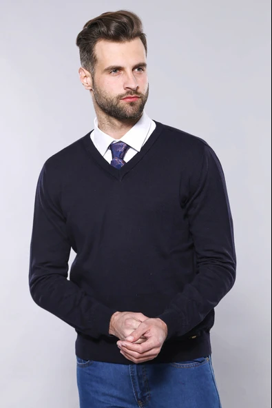 V Yaka Lacivert Erkek Triko | Wessi ürün görseli 1