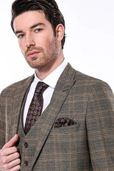 Ekose Desenli Slim Fit Kahverengi Erkek Ceket - Wessi - Resim 2