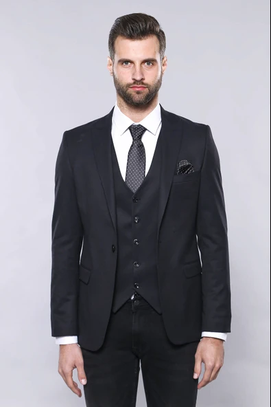 Düz Koyu Lacivert Slim Fit Ceket Yelek Set - Wessi - Resim 3