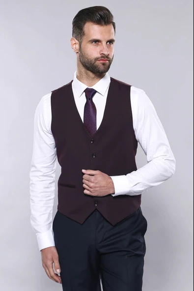 Düz Bordo Slim Fit Yelek Ceket Set | Wessi - Resim 5