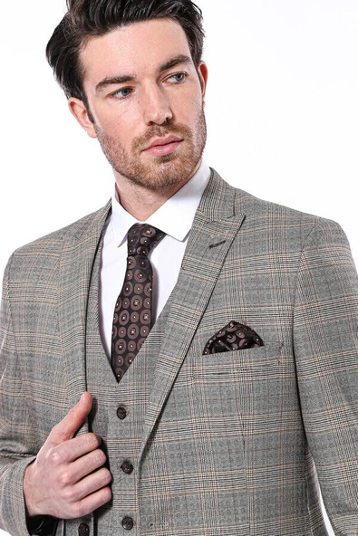 Ekose Slim Fit Bej Erkek Ceket - Wessi - Resim 2