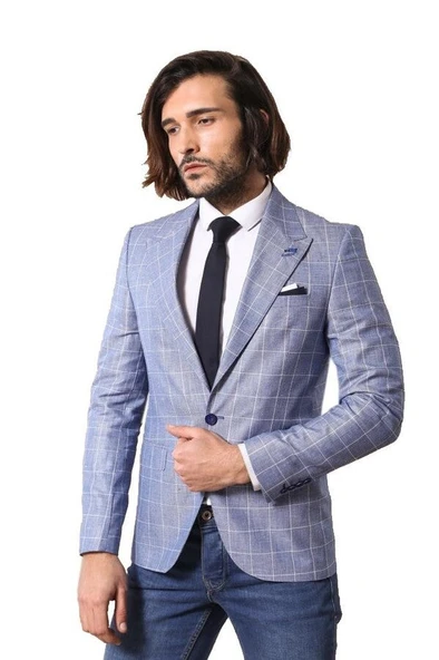 Tek Düğme Geniş Sivri Yaka Mavi Ceket - Wessi ürün görseli 1