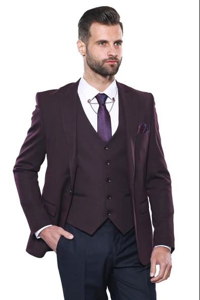 Düz Bordo Slim Fit Yelek Ceket Set | Wessi ürün görseli 1
