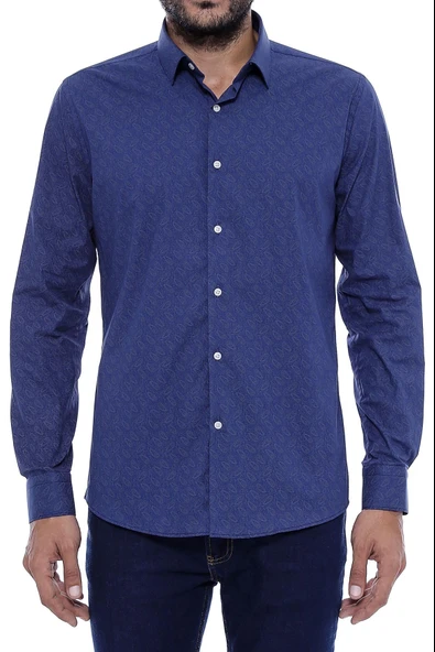 Lacivert Kendinden Desenli Slimfit Gömlek - Wessi ürün görseli 1